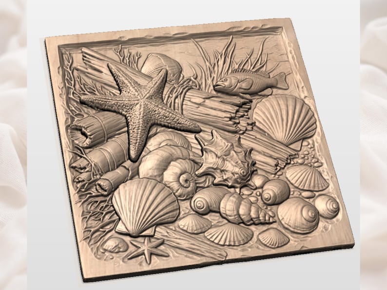 Snäckskal och sjöstjärnor 3D-relief STL för CNC-fräs | Träsnideripanel av strandkust | Nautisk väggkonst | Snäckskal i drivved STL bild 3