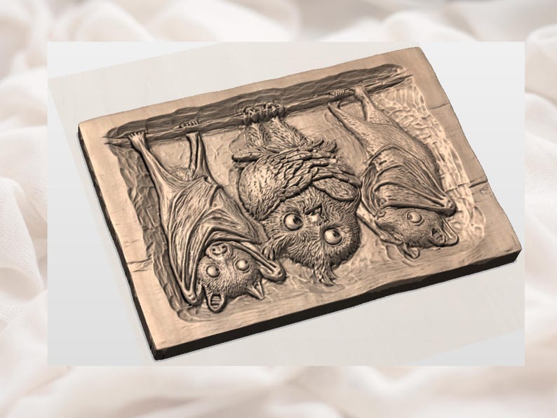Fladdermöss och uggla 3D-relief STL | Halloween träsnideri CNC-fräsfil | Spöklik väggkonstpanel | 3D-utskriftsmodell | Lasergraveringsdesign bild 2