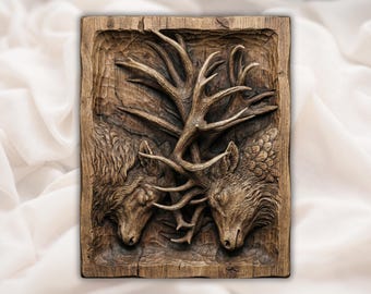 Deer Buck Antlers 3D Relief STL File | Twin Stag Head Wood Grain CNC Carving | Wildlife Cabin Wall Art | 3D Print & Laser Engraving