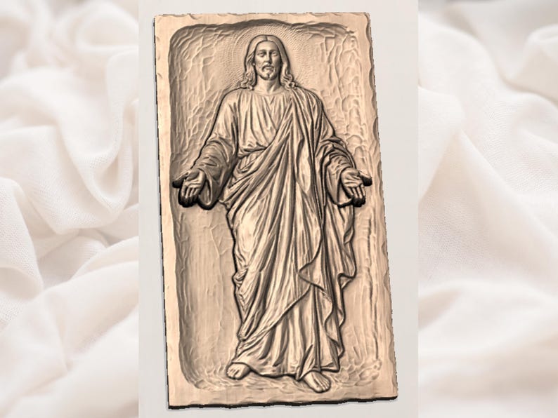 May include: A bronze-toned relief carving of a figure in draped robes, with arms extended. The figure has long hair and a beard, set against a textured backdrop within a rectangular frame. The carving is detailed and appears to be a religious depiction.