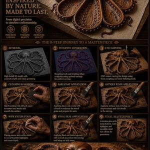 Puede incluir: Una detallada talla de pulpo de madera marr&oacute;n, que muestra una intrincada artesan&iacute;a. La imagen destaca el proceso de 9 pasos, desde el modelado 3D hasta el sellado final, enfatizando la precisi&oacute;n y la belleza atemporal. El texto dice "CARVED BY HAND. INSPIRED BY NATURE. MADE TO LAST."