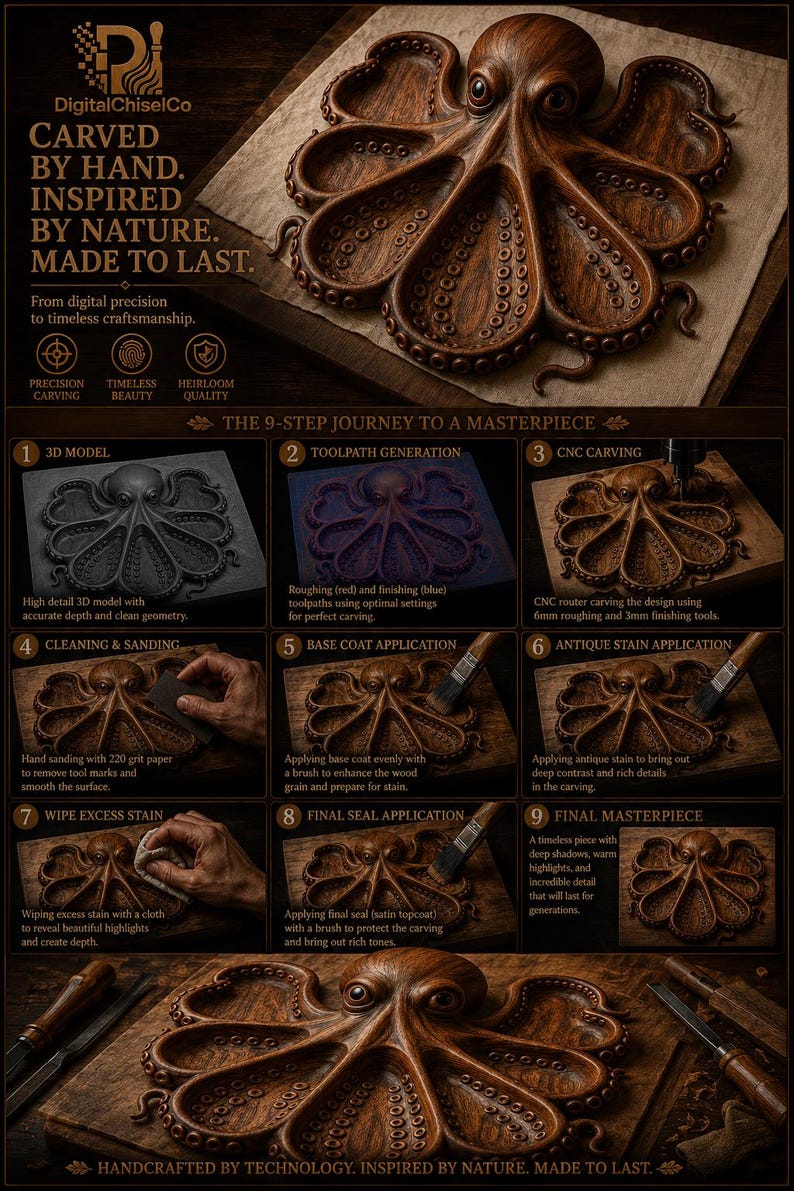 Puede incluir: Una detallada talla de pulpo de madera marr&oacute;n, que muestra una intrincada artesan&iacute;a. La imagen destaca el proceso de 9 pasos, desde el modelado 3D hasta el sellado final, enfatizando la precisi&oacute;n y la belleza atemporal. El texto dice "CARVED BY HAND. INSPIRED BY NATURE. MADE TO LAST."