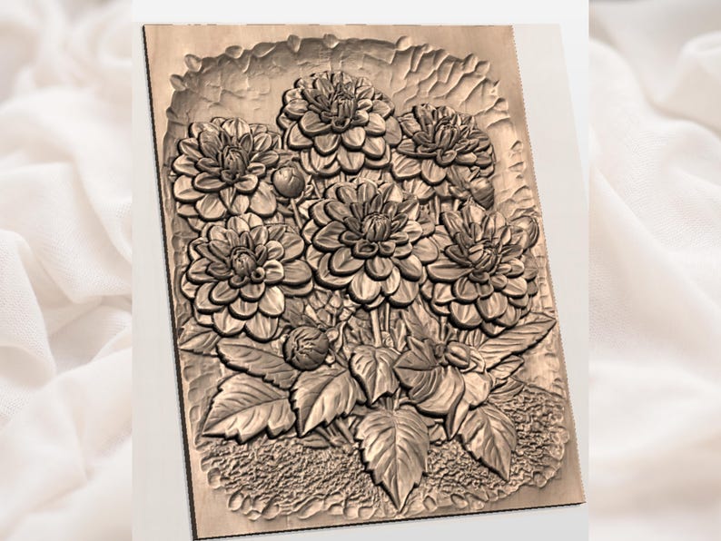 May include: A rectangular wooden relief carving featuring a detailed depiction of dahlias. The flowers, leaves, and stems are intricately carved, showcasing a naturalistic floral design. The relief is in shades of brown.