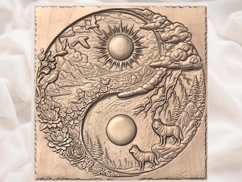 May include: Wooden Yin Yang wall art featuring a detailed relief carving. The design depicts a landscape with a sun, clouds, mountains, birds, flowers, and wolves. The artwork is in a natural wood tone.