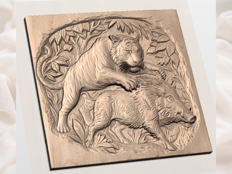 May include: A detailed relief carving on a wooden plaque depicts a tiger attacking a wild boar. The tiger is positioned above the boar, with foliage surrounding the animals. The carving is in shades of brown and tan.
