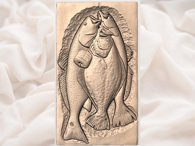 3 Fish Hanging Stringer STL | Bass Trout Flounder Wall Plaque |Patriotic Fishing Catch 3D Relief STL | Red White Blue Fish Stringer image 2