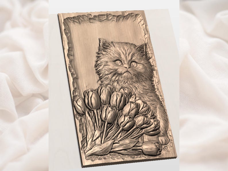 May include: A rectangular, bronze-colored relief carving featuring a fluffy cat and a bouquet of tulips. The cat has large eyes and detailed fur. The tulips are in full bloom, with detailed petals and leaves. The carving has a decorative border.