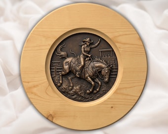 ウエスタンカウガールと馬のレリーフ（STLファイル）｜円形回転式壁掛け飾り｜ロデオアリーナの風景｜素朴な牧場風装飾｜手彫り風