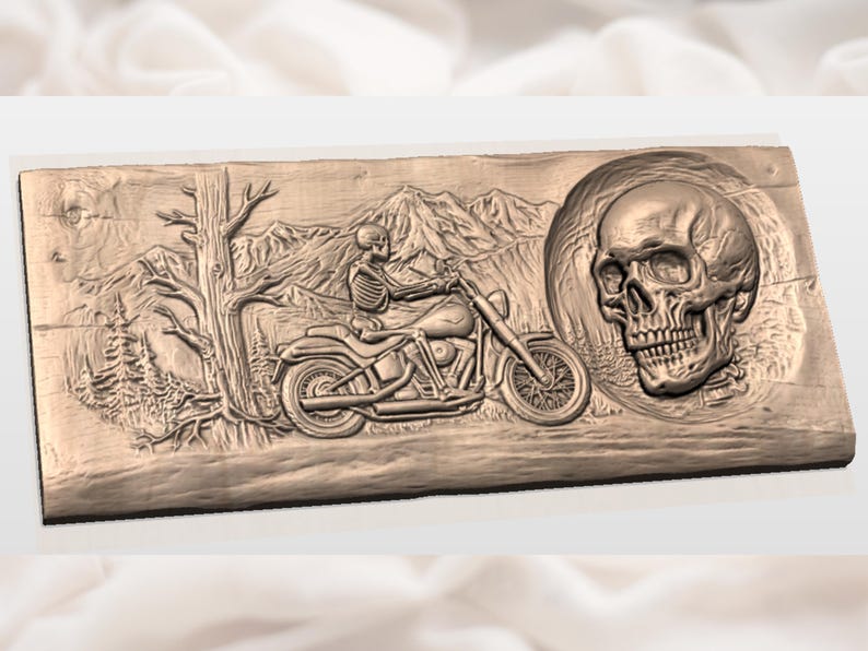 Skull biker Bas Relief STL | Biker Gothic Wall Plaque | Biker Man Cave Art | biker dad gift | Wood Carved custom biker | motorbiker gift image 2