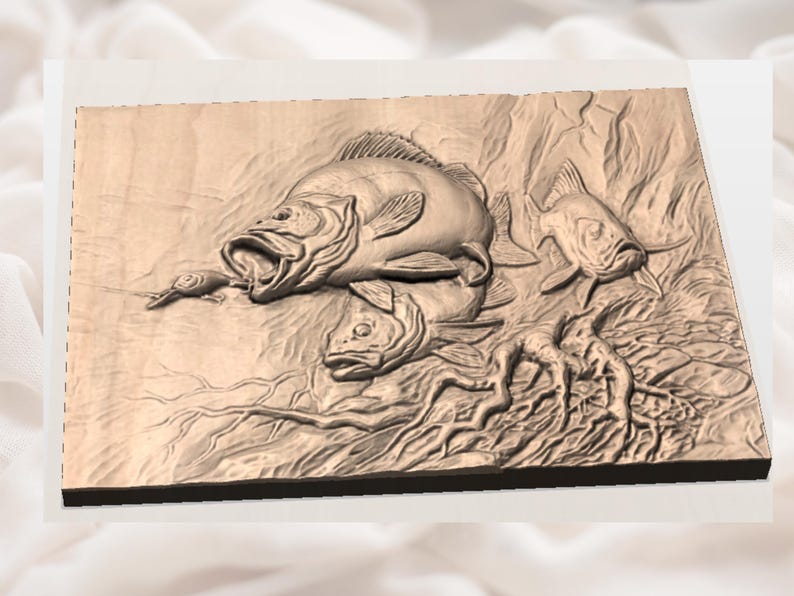 May include: A wooden relief carving depicting three fish in a naturalistic underwater scene. The central fish is open-mouthed, appearing to attack a lure. The carving is in shades of brown and tan, with detailed textures.