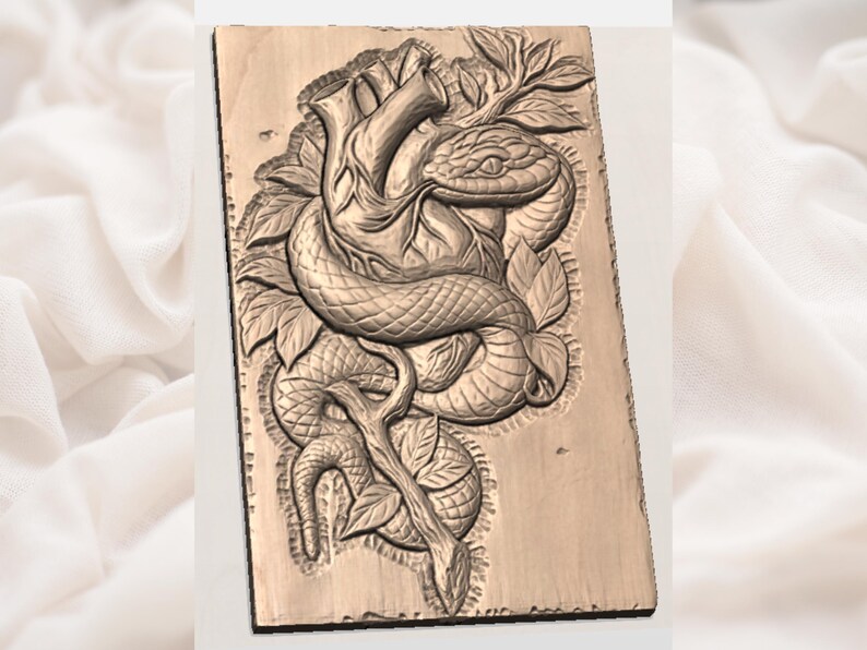 May include: A rectangular wooden carving featuring a detailed relief of a snake coiled around a heart and foliage. The artwork is in shades of brown and tan, with intricate textures and shadows.