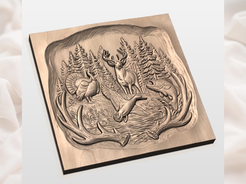 May include: A wooden relief carving depicting a forest scene with wildlife. The artwork features a deer, turkey, duck, and fish, set against a backdrop of trees and water. The carving is in shades of brown and tan, with detailed textures.