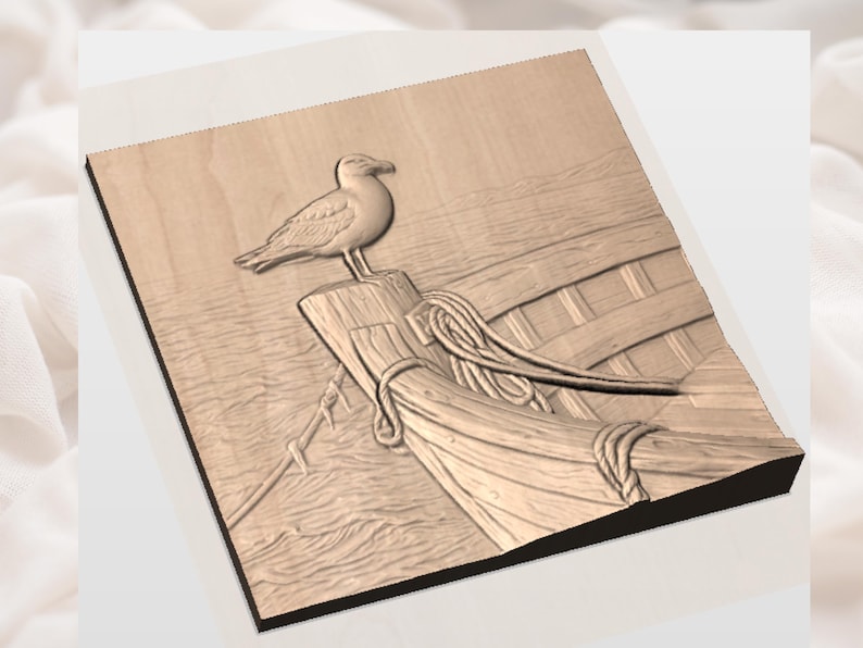 May include: A wooden carving of a seagull perched on a boat. The carving depicts the bird, boat details, and ocean waves. The artwork is in shades of brown and beige, with intricate details.