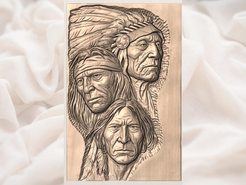 Tribal Elder Faces STL | Native American Warrior Portrait 3D Relief STL| Tribal Chiefs Wood Carving Panel | Indigenous Style Wall Plaque image 3