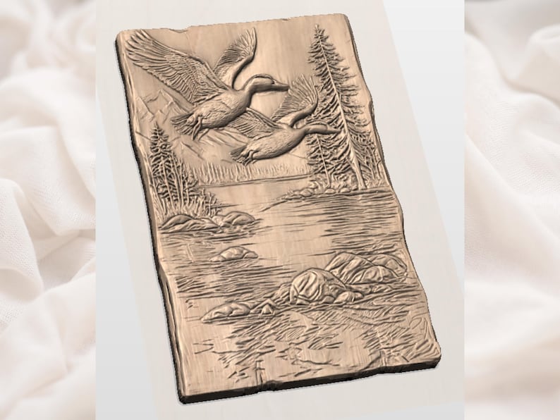 May include: A rectangular wooden relief carving showing two ducks in flight above a river scene. The ducks are in mid-air, with detailed wing and feather carvings. The background includes trees, mountains, and water, all rendered in a naturalistic style.
