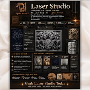 May include: A black and gold informational flyer for DigitalChiselCo Laser Studio software. The graphic displays a software interface, examples of laser-engraved images including a dog and a skull engine, and text detailing features for laser-ready files.
