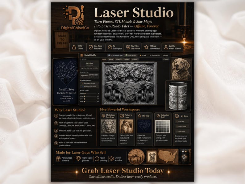 May include: A black and gold informational flyer for DigitalChiselCo Laser Studio software. The graphic displays a software interface, examples of laser-engraved images including a dog and a skull engine, and text detailing features for laser-ready files.