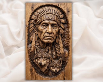 Archivo de jefe nativo / Perfil de tocado tallado / Decoración de espíritu de lobo / Arte de cabaña occidental / Grabado con aspecto de madera / Placa de pared patrimonial