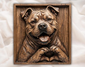 Pitbull STL | Reliëf hondenliefde | Hart poten muurdecoratie | Rustiek huisdierkunstwerk | Ontwerp houtsnijwerk | Plaquette ras pester| Dierenplaquette SBL