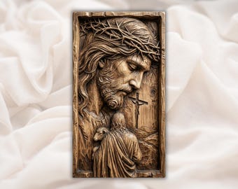 Retrato de Jesús en relieve 3D STL/Archivo para tallado de madera con enrutador CNC/Panel de arte mural cristiano con corona de espinas/Decoración religiosa