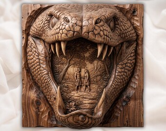 Adam and Eve 3D Relief STL | Serpent Mouth CNC Router Wood Carving File | Bible Scene Bas-Relief Wall Art| Christian Home Decor