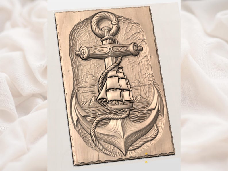 May include: A rectangular wooden plaque featuring a detailed relief carving of a nautical scene. The design includes a large anchor, a sailing ship, and rope detailing. The color is a warm, natural wood tone, with visible grain and texture.