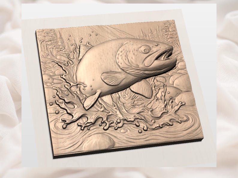 Öringfisk 3D-relief STL | Hoppande flodöringplask väggkonstpanel | CNC-router 3D-utskrift lasergraverad fil bild 3