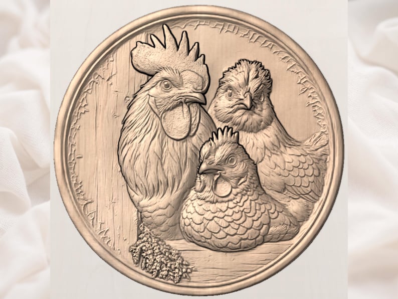 May include: A circular, bronze-colored relief carving featuring a rooster, hen, and chick. The rooster stands prominently, with the hen and chick positioned behind it. The design is detailed, with textured feathers and a rustic, wooden background.
