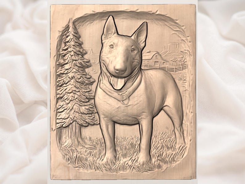 May include: A wooden relief carving of a Bull Terrier dog standing in a grassy field, with a tree and a farmhouse in the background. The dog is wearing a collar. The carving is in shades of brown.