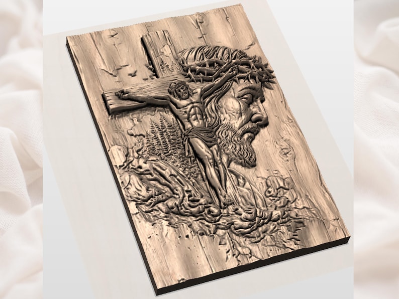 May include: A detailed wooden relief carving depicting Jesus on the cross, with a crown of thorns and a serene expression. The artwork is set against a textured wooden background, with a forest and birds in the background.
