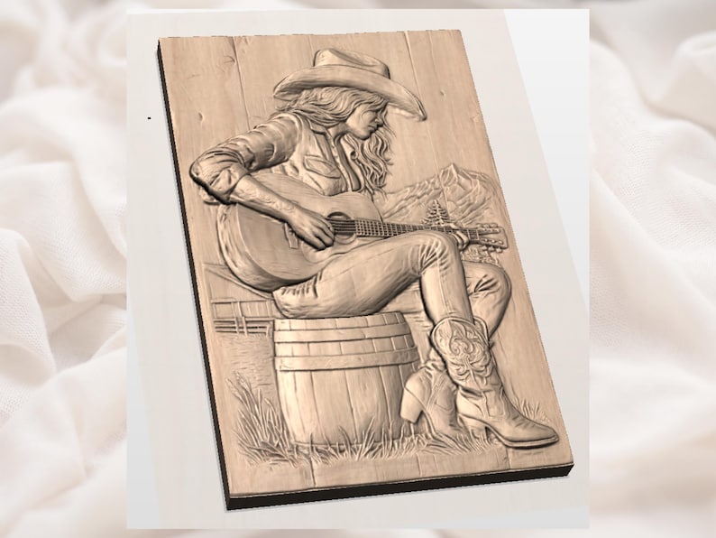 May include: Wooden relief carving of a person playing a guitar, wearing a cowboy hat and boots, seated on a barrel. The background features a mountain range and a wooden fence. The carving is in shades of brown.
