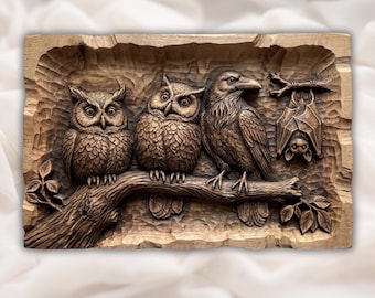 Arte de parede em STL de coruja, corvo e morcego | Escultura em relevo de pássaro da floresta gótica | Design de relevo CNC de noite na floresta | presentes místicos | academia sombria