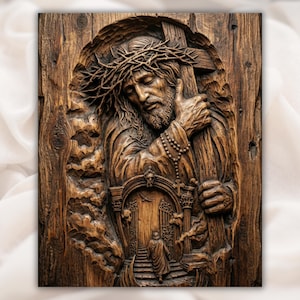 Jesus Carrying Cross 3D Relief STL | CNC Router Wood Carving File | Crown of Thorns Christian Religious Wall Art Panel | Church Decor
