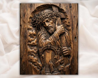 Jesús cargando la cruz, relieve 3D STL/archivo de tallado de madera para enrutador CNC/panel de arte religioso cristiano de pared con corona de espinas/decoración de iglesia
