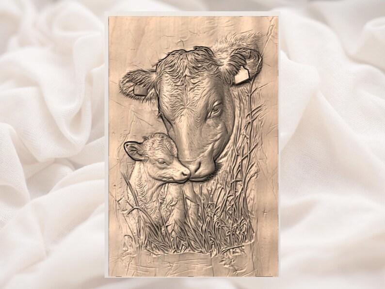 May include: A detailed wood carving depicts a cow and calf in a tender embrace. The artwork showcases the animals' features, with the calf nestled close to the mother. Blades of grass are carved around the animals, adding depth to the piece.
