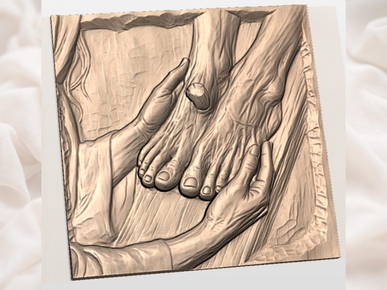 May include: A detailed relief carving depicting a pair of hands cradling a foot. The artwork is rendered in shades of brown, showcasing intricate details of skin texture and form. The composition evokes a sense of care and support.