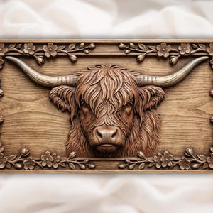 May include: A rectangular wooden wall plaque featuring a detailed relief carving of a Highland cow head with long horns. The central cow figure is surrounded by a decorative border of carved cherry blossom flowers and branches on a wood grain background.
