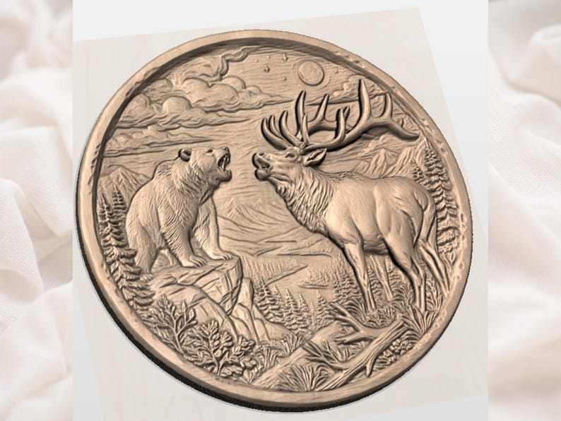 May include: A circular, bronze-colored relief carving depicting a bear and a stag in a wilderness scene. The bear is roaring on a rocky outcrop, facing a stag with large antlers. The background includes trees, mountains, and a moon.