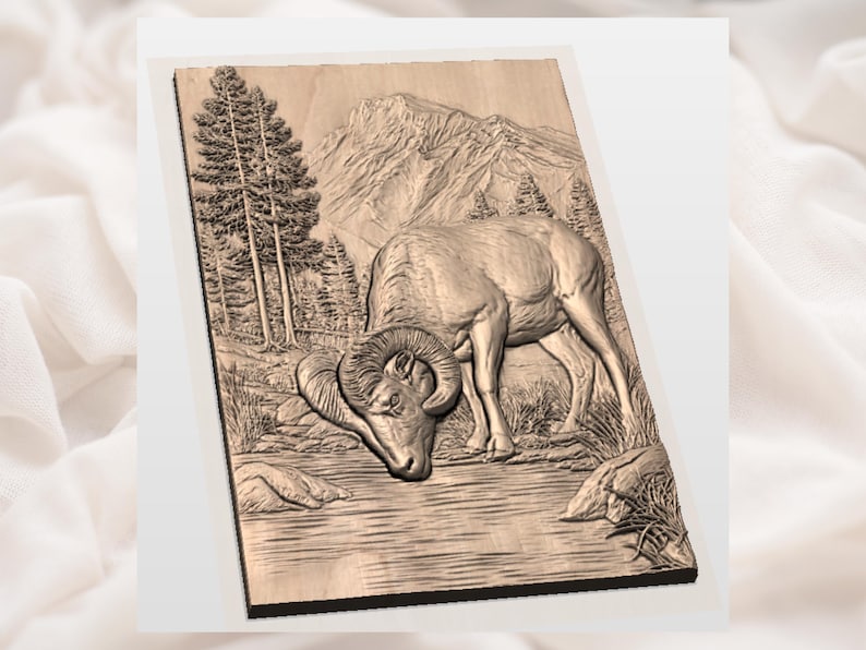 May include: A wooden relief carving depicting a ram drinking from a stream. The artwork features a detailed mountain landscape with trees and a ram with large curved horns. The carving is in shades of brown and tan.
