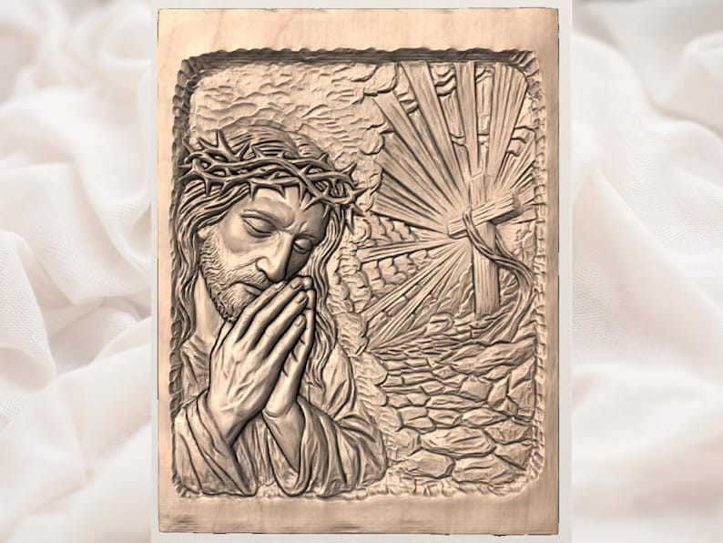 May include: A wooden relief carving of a religious scene. The central figure, wearing a crown of thorns, is shown with hands clasped in prayer. A cross and rays of light are carved in the background, with a stone wall at the bottom. The carving is in shades of brown.