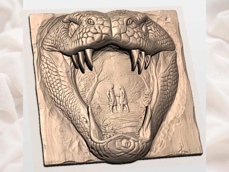 May include: A detailed relief carving of a snake's head with open jaws, revealing a scene of two figures in a forest. The carving is in shades of brown and beige, with intricate scales and teeth.