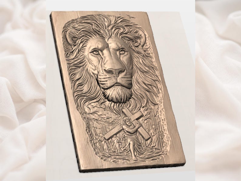 May include: A rectangular, bronze-colored relief carving featuring a detailed lion's head on the upper half. The lower half depicts a figure carrying a cross, surrounded by other figures. The carving has a textured, three-dimensional appearance.