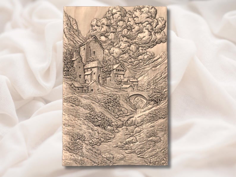 Medeltida slottsby 3D-relief STL | Bergsbro, flodlandskap, väggkonst | CNC-router 3D-utskrift, lasergraveringsfil bild 2