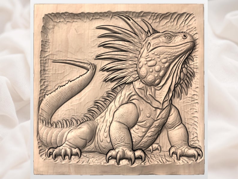 May include: A detailed wood carving of an iguana in a rectangular frame. The iguana is depicted in a side profile, showcasing its textured skin, spiky dorsal crest, and long tail. The carving is in shades of brown.