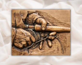 Fly Fishing Hands 3D Relief STL | Angler Rod & Reel Close-Up Wood Grain Carving Panel | CNC Router , 3D Print, Laser Engrave | Home Decor
