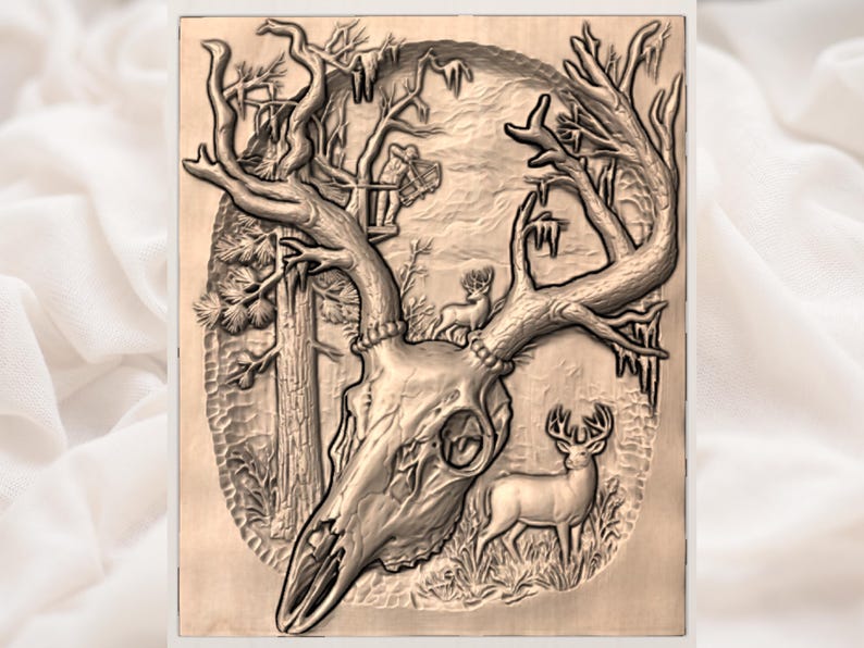 May include: A detailed relief carving of a deer skull with large antlers, set within a forest scene. The artwork features a buck and a fawn, with trees and foliage. The color is a natural wood tone, creating a rustic and outdoorsy aesthetic.