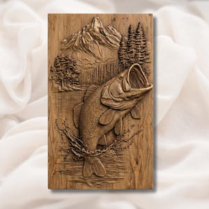 Jumping Bass Fish 3D Relief STL view 1