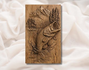 Jumping Bass Fish 3D-reliëf STL | Muurkunstpaneel bergmeervissen | 3D-print lasergraveerbestand CNC-router