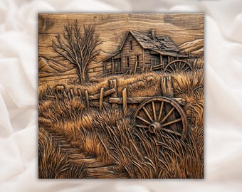Rustic Farmhouse Landscape STL Relief | Old Barn Cabin 3D Carving File for CNC Router | Wagon Wheel Country Wall Art Panel | Home decor