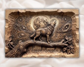 Painel de Arte de Parede Lobo Uivando para a Lua | Relevo da Vida Selvagem da Noite Cósmica | Relevo CNC de Lobo Lunar e Cosmos | Decoração de Escultura em Galho com Runas Galácticas
